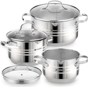 Daniks Tokio Stainless Steel Cookware Set, 6-Piece  2 qt, 3 qt, 4.5 qt Pots with Glass Strainer Lids, 2qt lid is slightly bent as pictured but can be bent back. Induction Ready, Dishwasher Safe, Measuring Scale, Silver - Retail $78