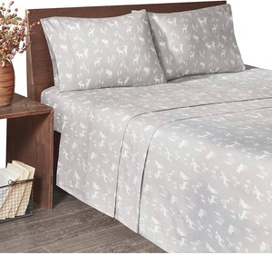 Queen - Woolrich Cotton Sheet Set Cottage Charms Print, 100% Cotton Flannel Sheets Warm & Fuzzy Bedding Set Queen Size Sheets, Fitted Pocket Fits Up to 14 Mattress, Queen Grey Moose, 4 Piece