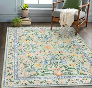 Wonnitar Machine Washable 5x7 Area Rug, Boho Floral Rugs for Living Room Non-Slip, Soft Pink and Green Flower Ultra-Thin Non Shedding Carpet for Bedroom Dining Room Nursery, Great for Girls Bedroom