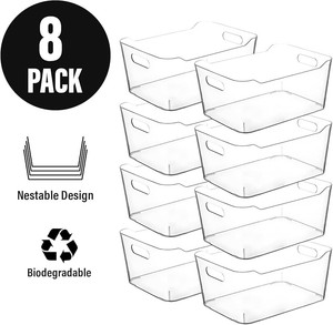 8 pack  Clear Plastic Storage Bins, Small Fridge Organizer Kitchen Organizers and Storage Containers Bathroom Organization and Storage Bin for Makeup Organizer, fruits, Chips, Perfume, Skin Care, crafts 12.5Lx12.5Hx7W