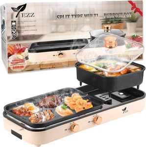 Electric Hot Pot with Grill,2-10 People Indoor Hot Pot 2 in 1 Multi-function Smokeless Shabu-Shabu Hotpot Korean BBQ Grill for Simmer,Separate Dual Temperature Contral