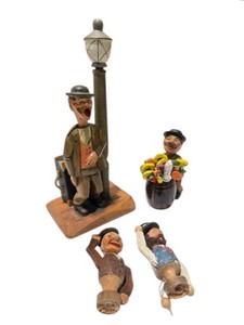 Vintage Hand Carved Wood Folk Art Figure Lot With Bottle Opener, Corkscrew, Barrel Holder and Picks