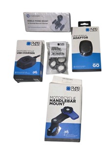 Quad Lock Motorcycle Mount & USB Charger Lot w Universal Adapter, Spacers & Starscope Phone Mount