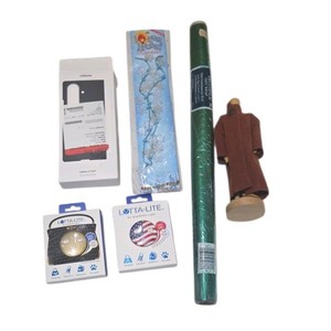 Mixed Accessory Lot Lotta-Lite Lights, Gift Wrap, Holiday Necklace, Samsung Fold Case & Wood Mannequin