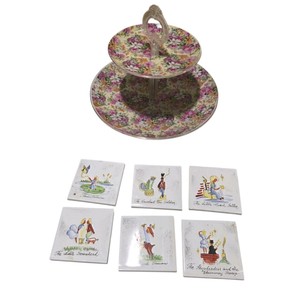 Floral 2-Tier Dessert Stand With Hans Christian Andersen Tile Coasters Lot