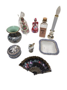 Vintage Style Decorative Collectibles Lot  Porcelain Figurines, Glass Boxes, Fan, Vase, Dish & More