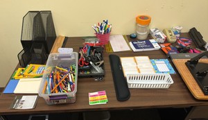 lot of office supplies, pencils, markers, scissors, dry, erase markers, rulers, notepads, staples, three whole punch glue (r204)