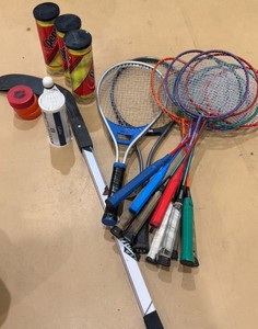 badminton rackets, tennis rackets, tennis balls, knee hockey stick (gym)