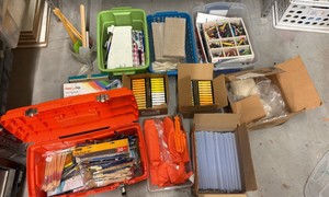 brand new boxes of chalk oil, pastels, watercolors, sending bricks, crayons, large glue sticks, paint brushes, Clay, and cutting tools (r137.5)