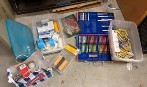 crayons, paint, roller, art paste, and lightbulbs (r137.5)