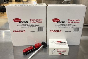 thermometer, probe wipes, boxes, and thermometers (gym)