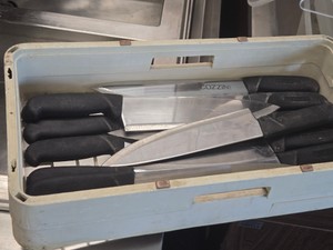 Lot of (12) Commercial Butcher Knives with Storage Tray