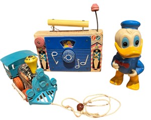 Vintage Toys - Fisher Price Radio, Pull String Locomotive & Donald Duck Toy