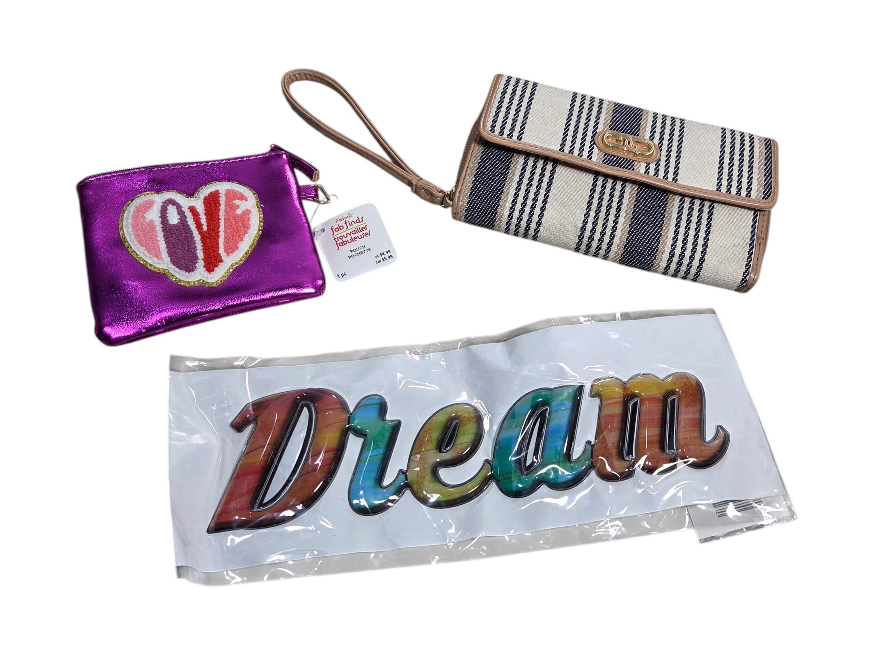 Wallet & Pouch Lot - Striped Wristlet Wallet, Love Coin Pouch & Dream Wall Sticker