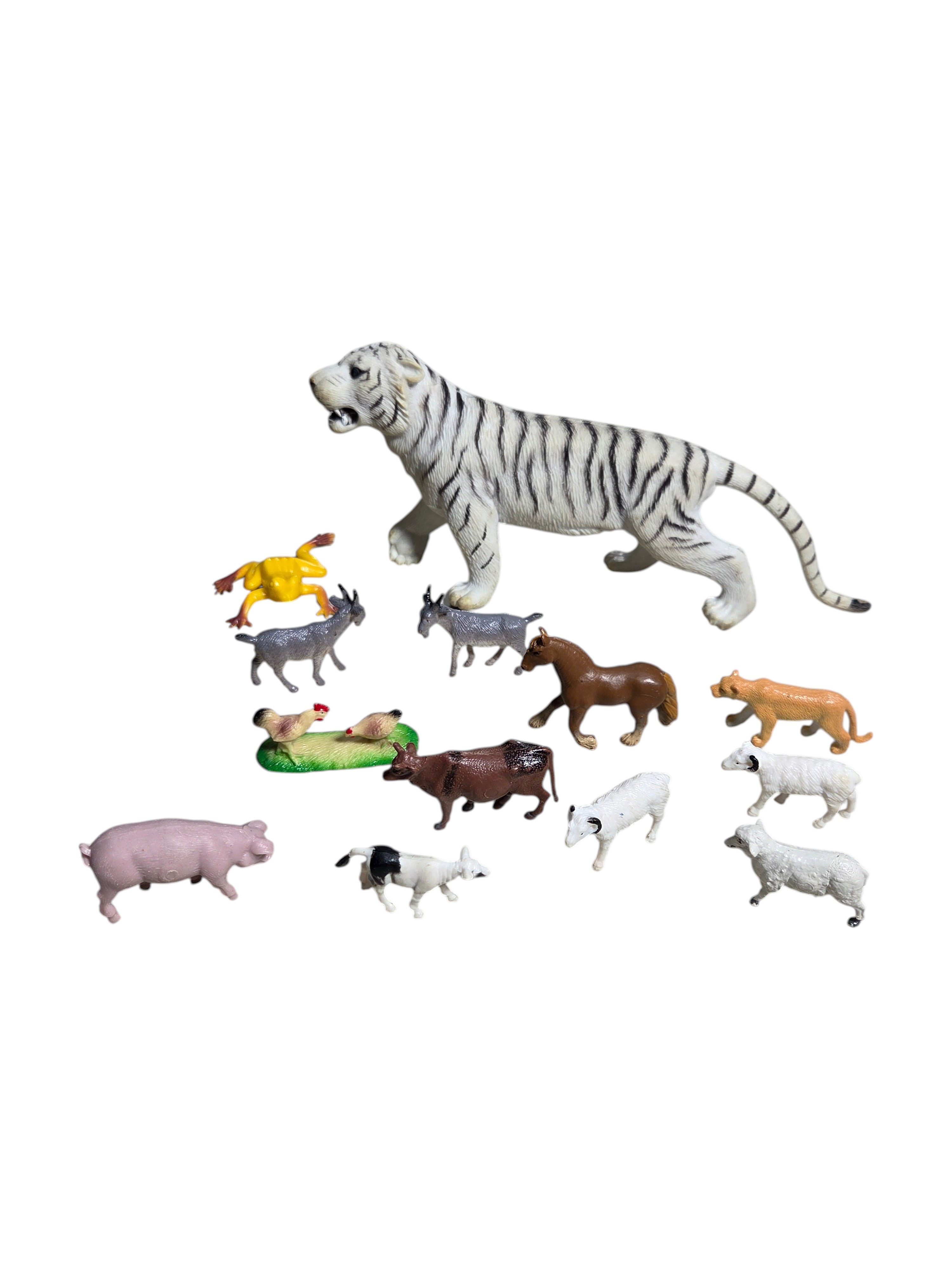 Mini Animal Figurine Lot - White Tiger, Farm Animals, Goats, Sheep, Cows, Pig, Horse & Frog