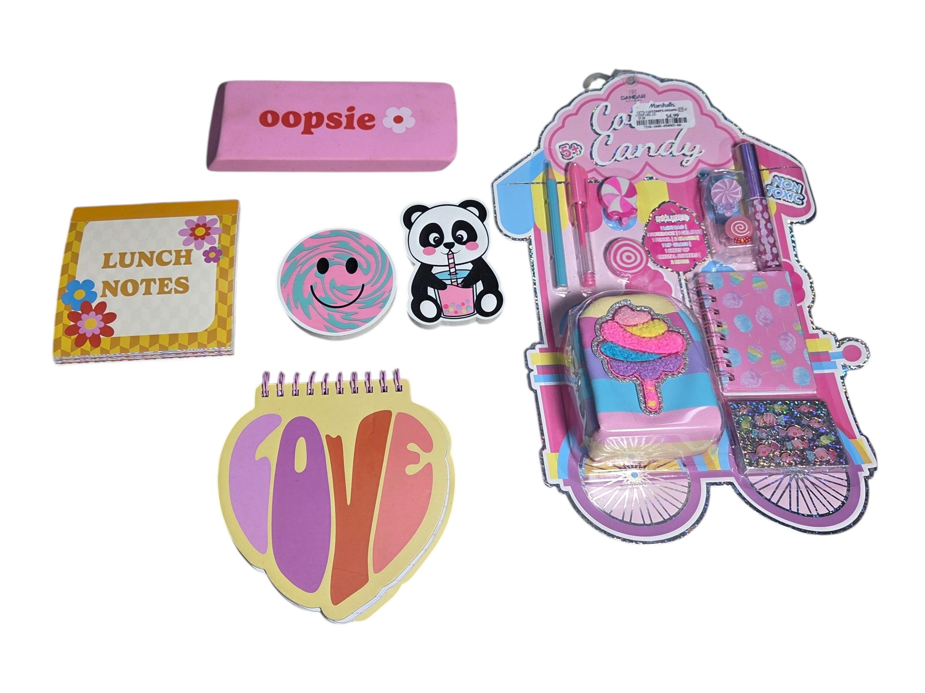 Cotton Candy Stationery & Fun Notes Lot - Lunch Notes, LOVE Notepad, Stickers, Eraser & Mini Set