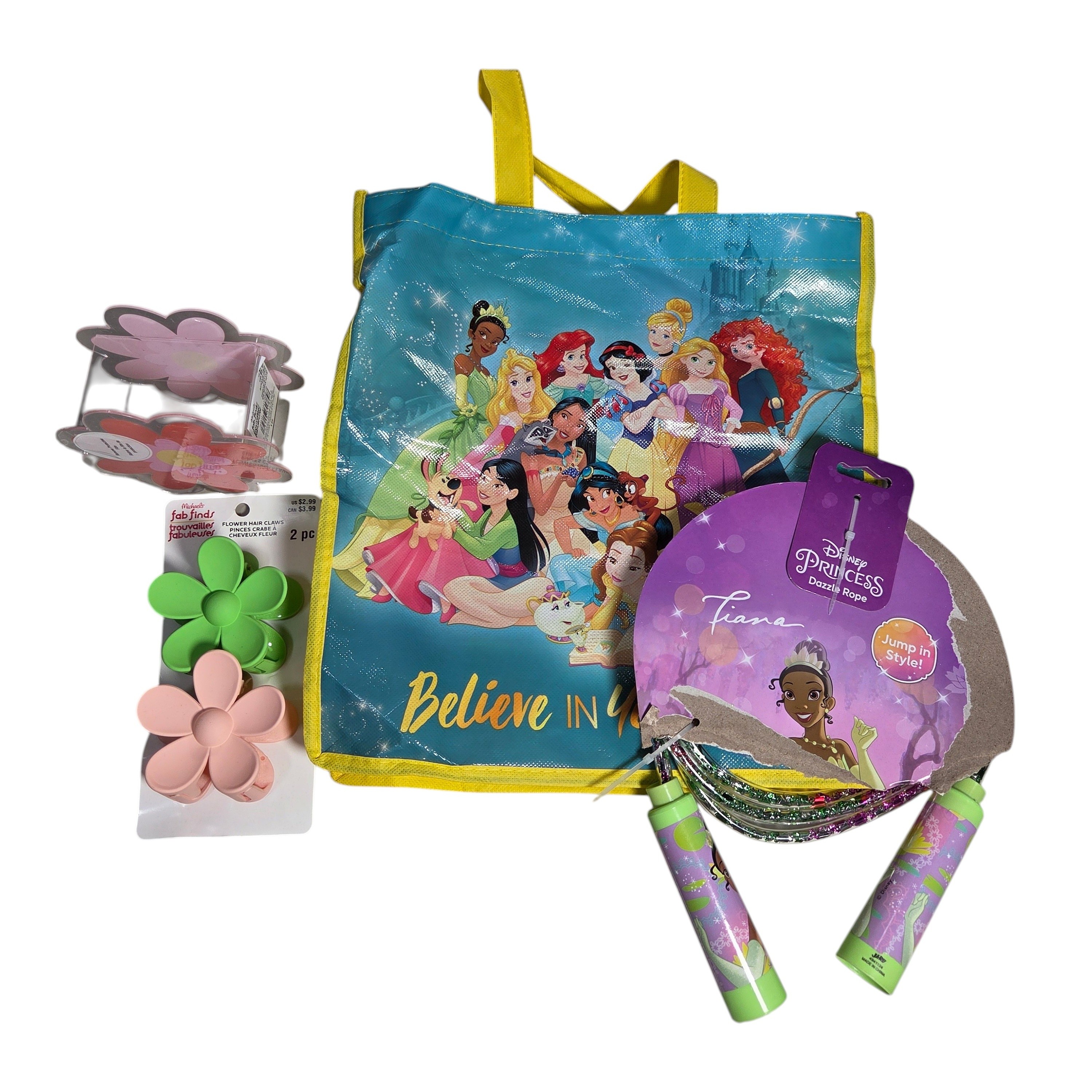 Disney Princess Lot - Tiana Dazzle Jump Rope, Princess Tote Bag & Flower Hair Claws