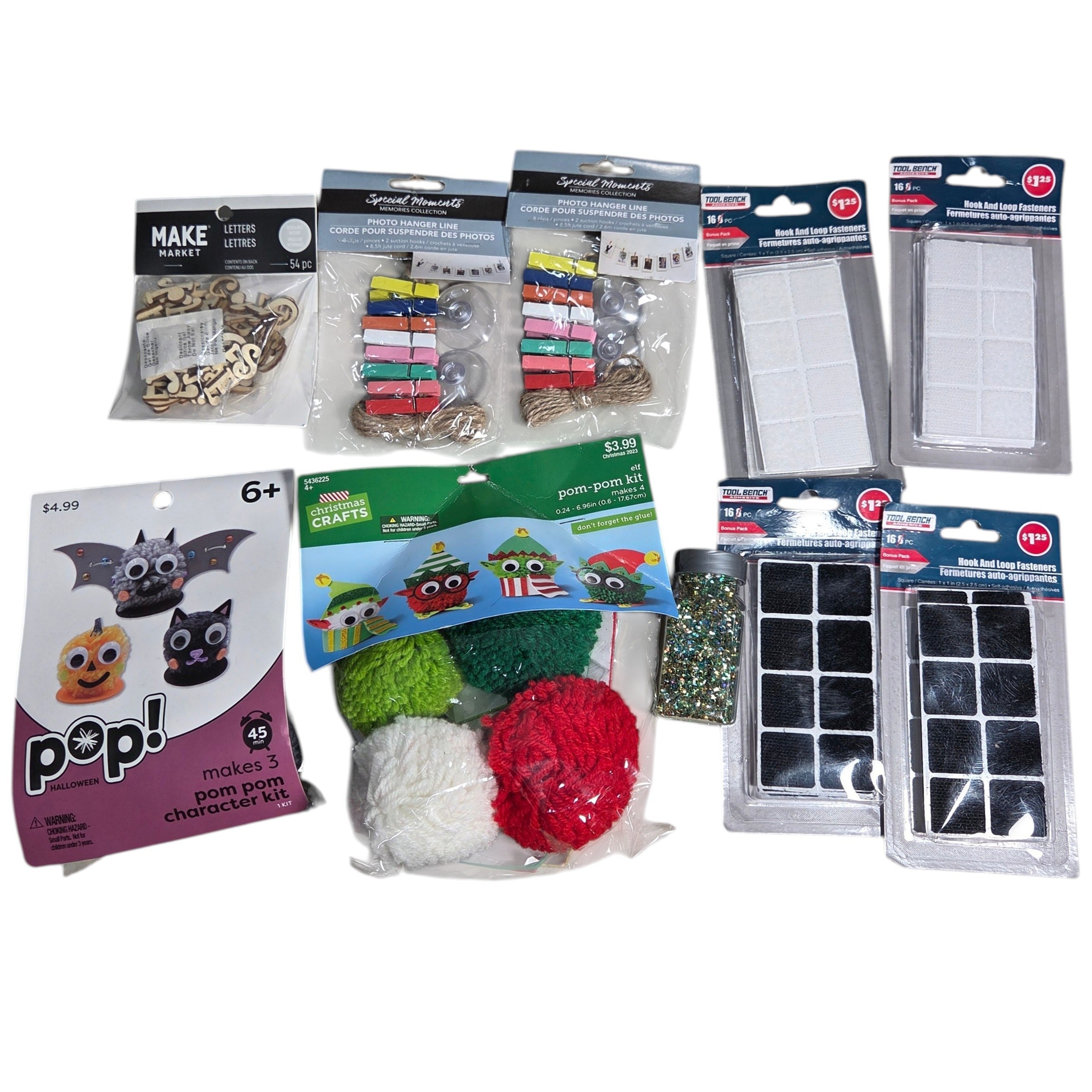 Mixed Craft Supplies Lot - Pom-Pom Kits, Hook & Loop Fasteners, Glitter & Photo Hanger Lines