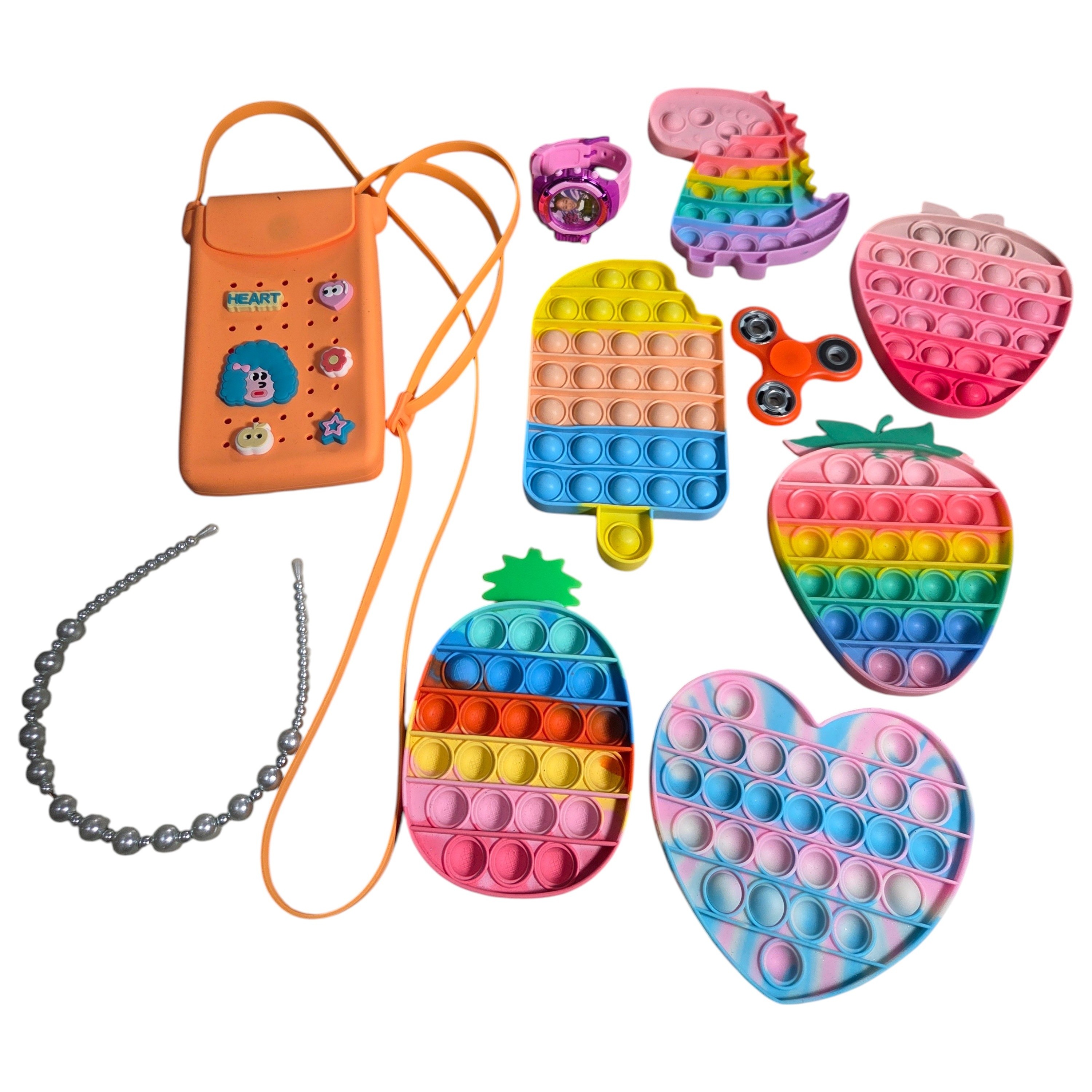 Kids Pop-It Fidget Toys, Orange Crossbody Pouch, Toy Watch & Pearl Headband Lot