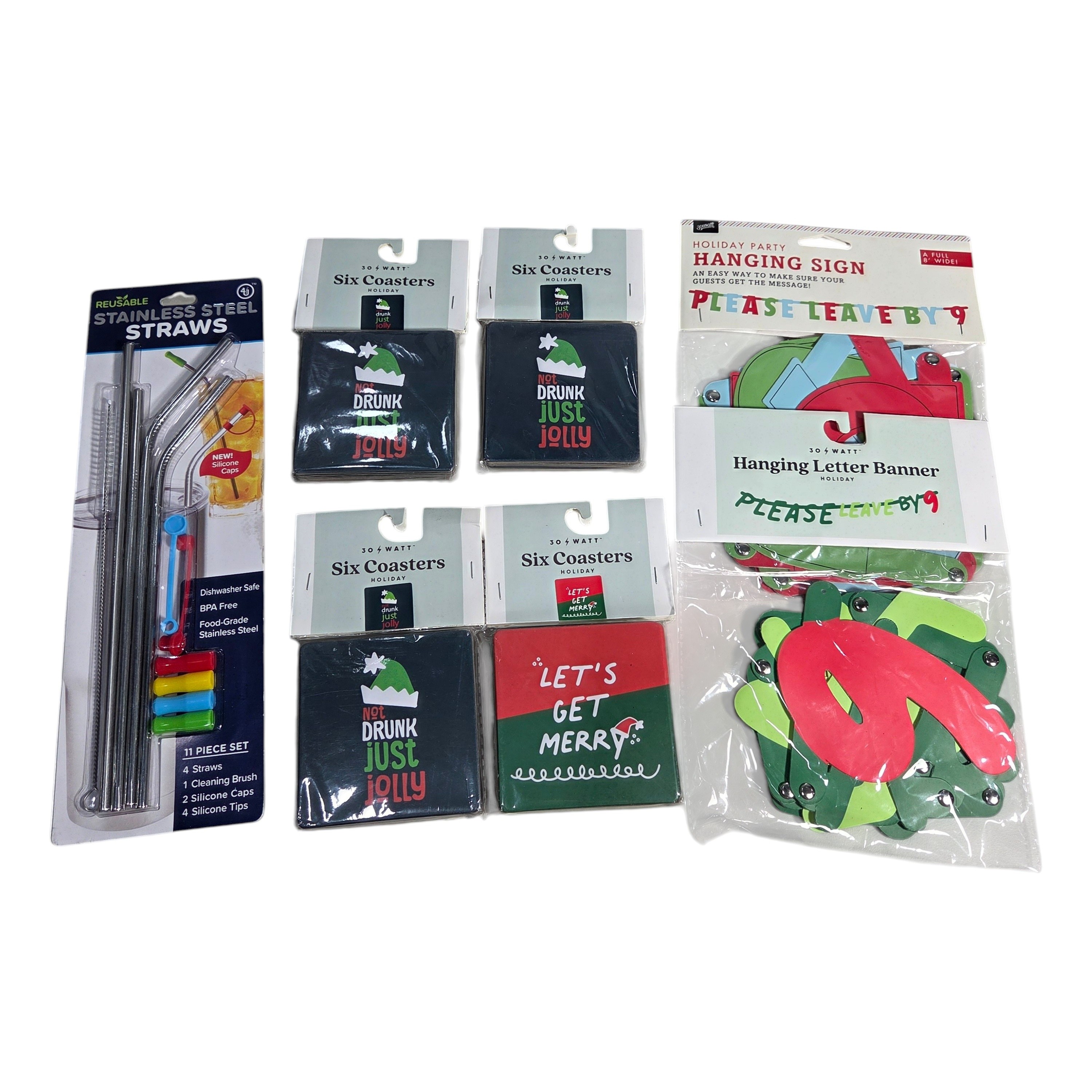 Holiday Party Lot  Stainless Steel Straws, Christmas Coasters & Please Leave By 9 Banners