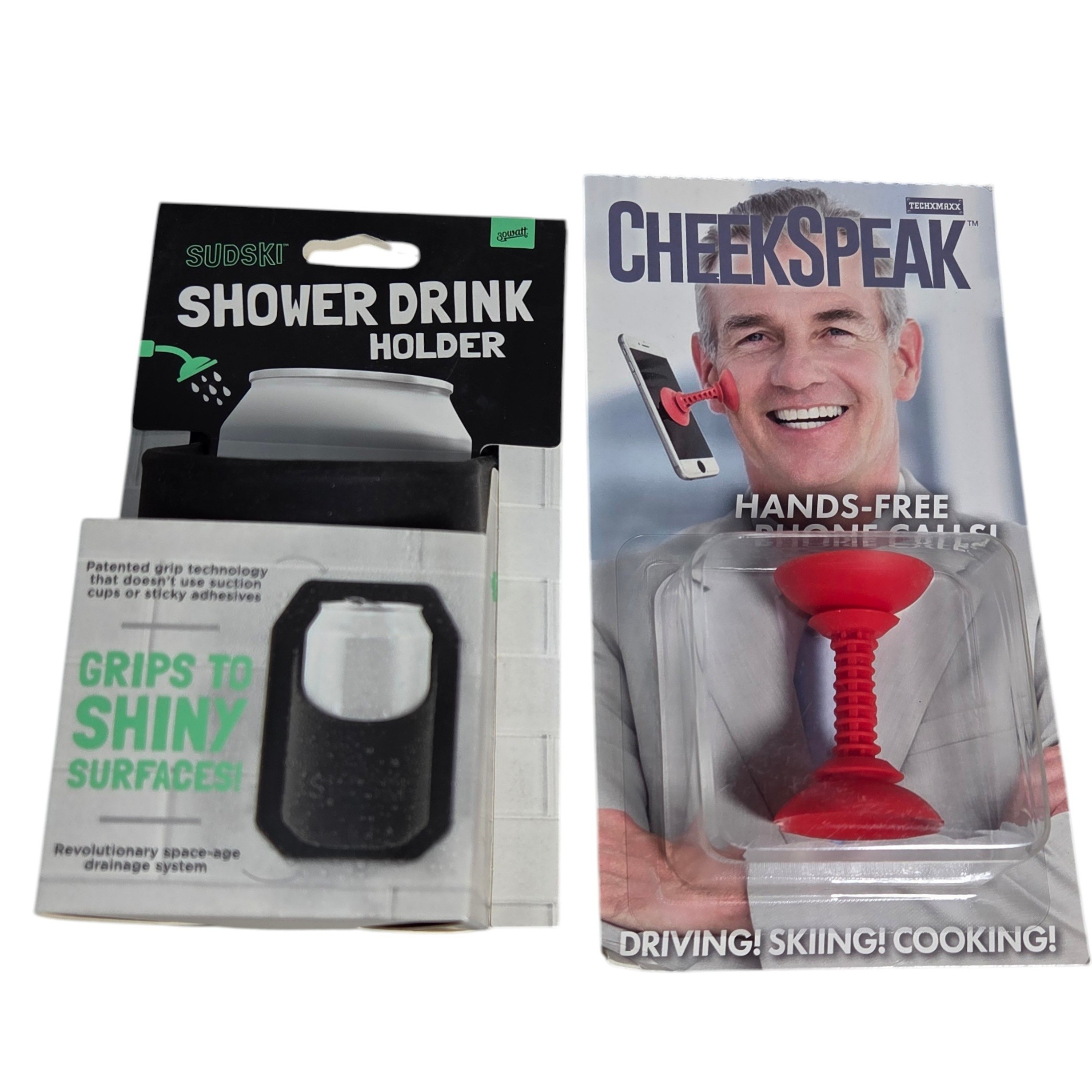 CheekSpeak Hands-Free Phone Call Holder & Sudski Shower Drink Holder Novelty Lot