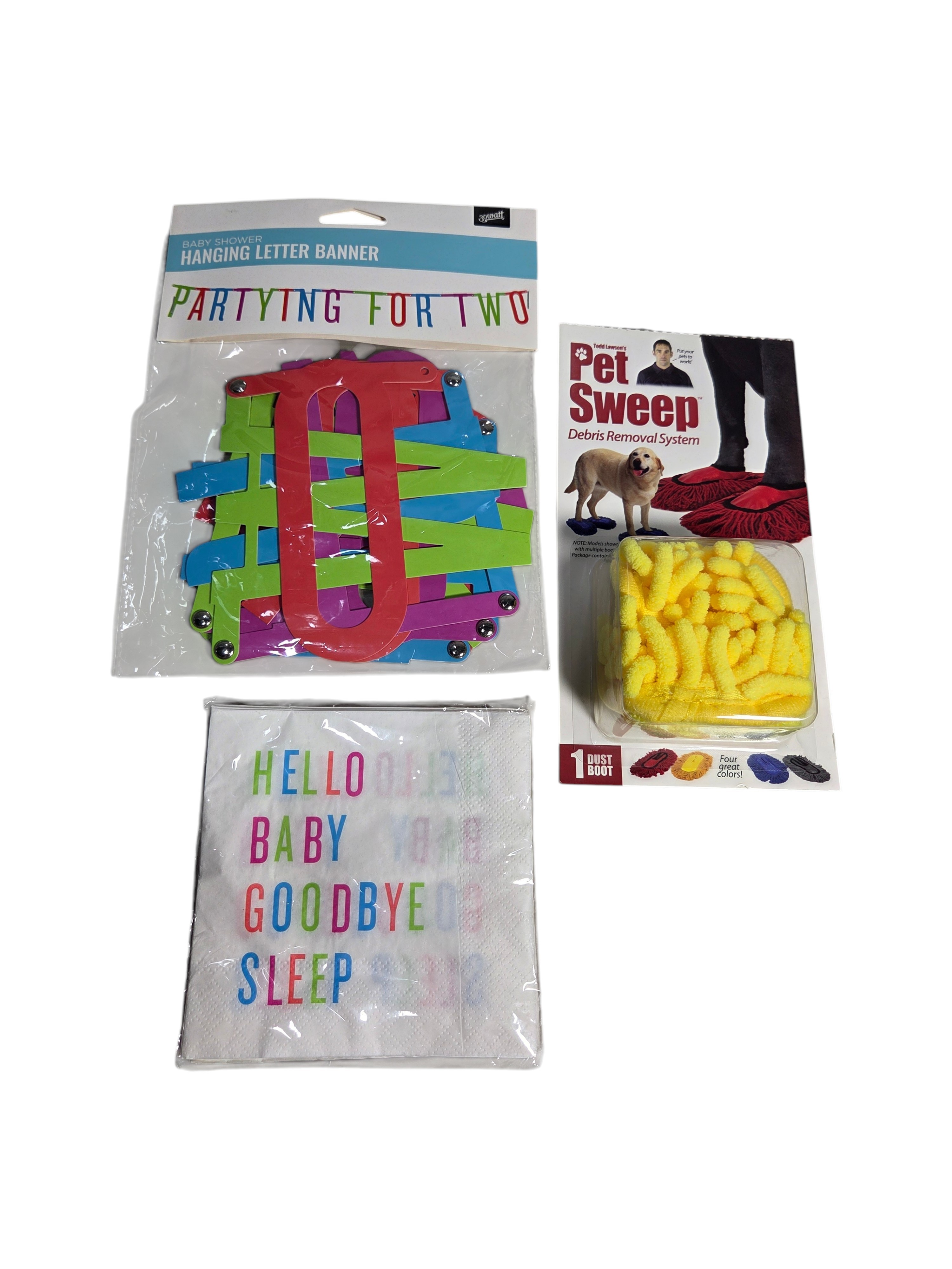 30 Watt Baby Shower Banner, Goodbye Sleep Napkins & Pet Sweep Dust Boot Lot