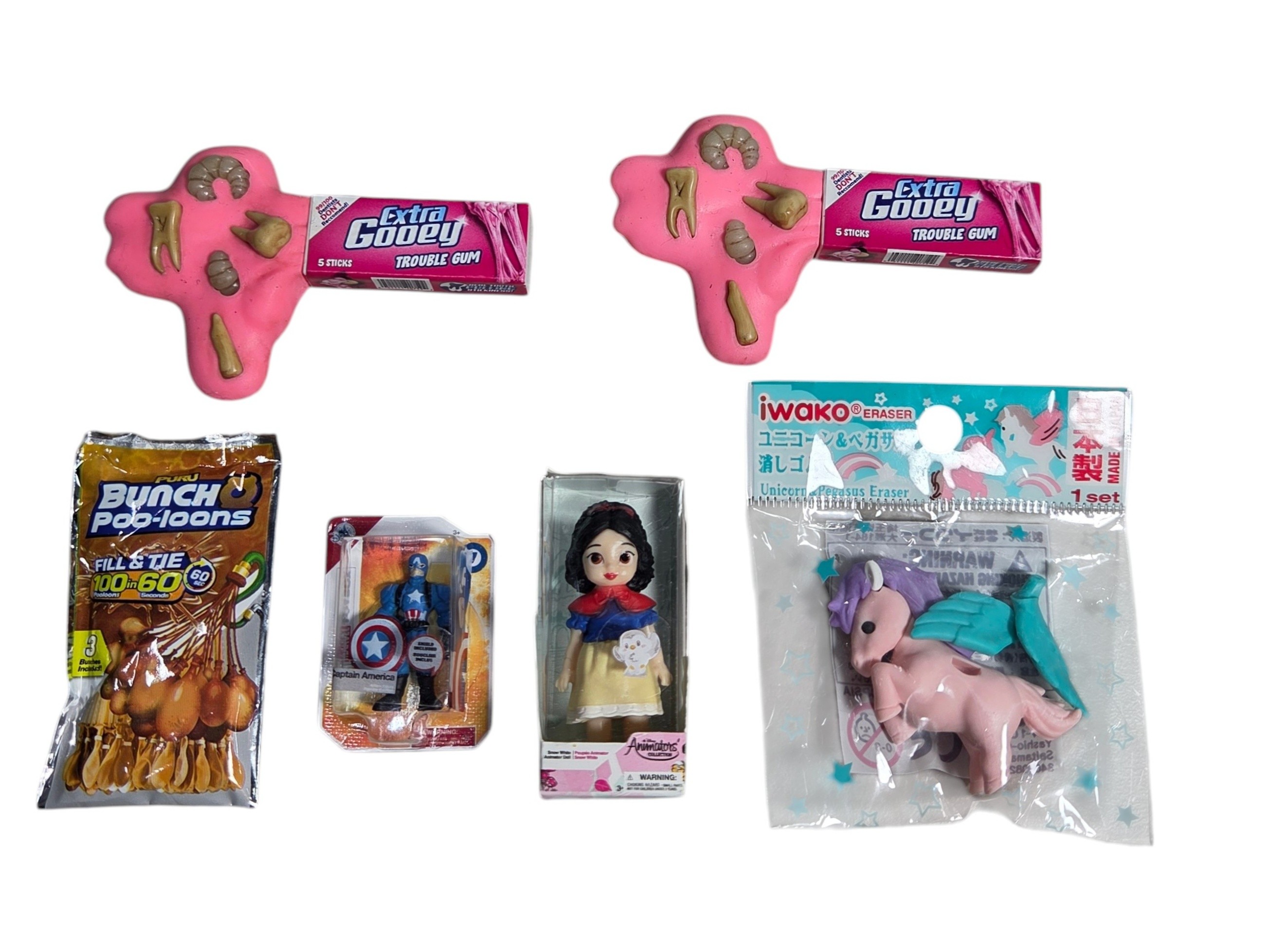 Mixed Miniature Toy Lot - Disney Animators Snow White, Captain America, Iwako Eraser, Bunch O Balloons & Extra Gooey Gum