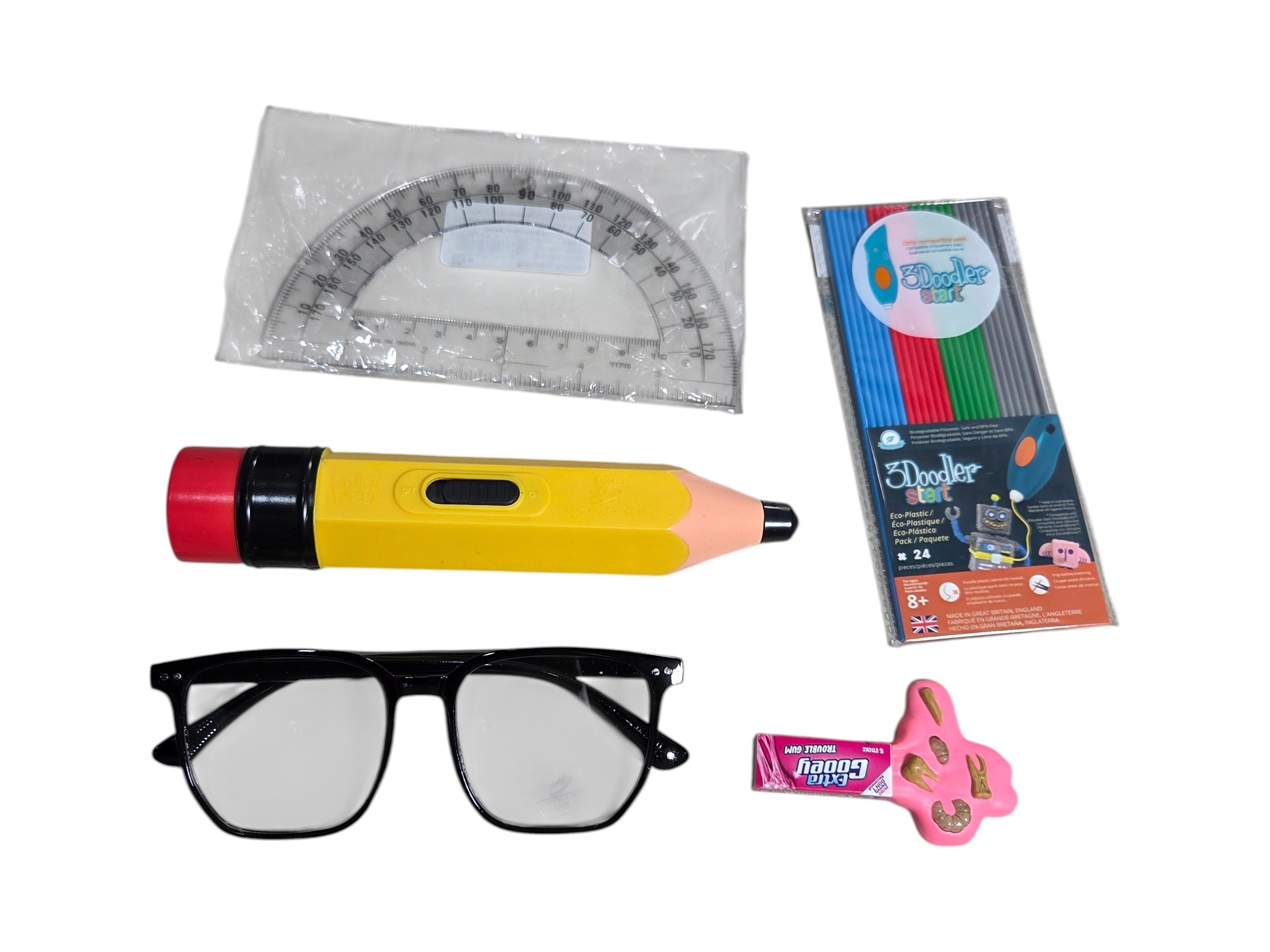 Mixed School & Novelty Lot - 3Doodler Start Filament, Pencil Toy, Anti Blue Light Glasses, Protractor & Gag Gum
