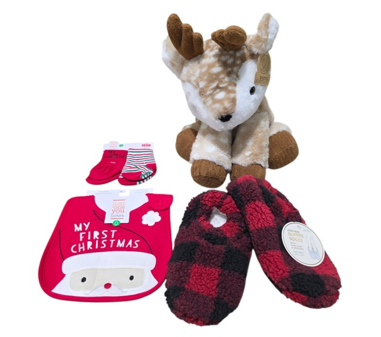 Christmas Baby & Comfort Lot - Animal Adventure Deer Plush, Carters BibSocks & Slipper Socks