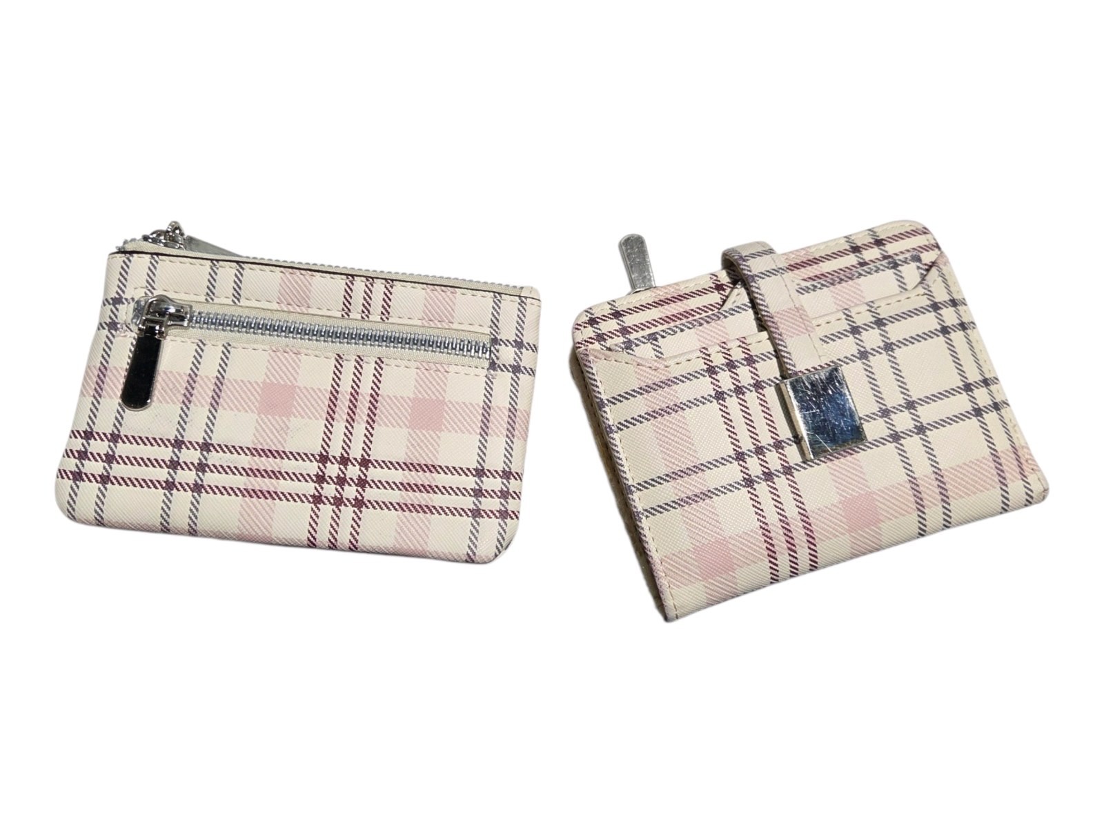 Lot - Safe Keeper Wallet And Coin Purse Small Pink White Tan Plaid Snap And Zip