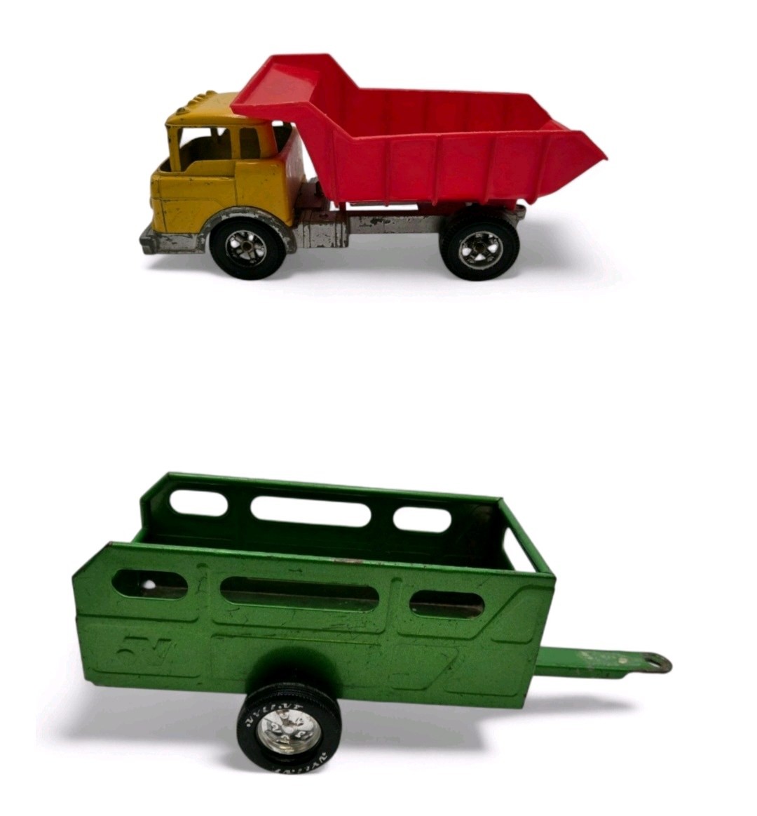 Vintage Hubley Kiddie Toy Diecast Metal Dump Truck & Ny-Lint Cattle Trailer
