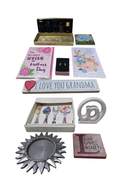 Gifts & Home Decor Lot  Cards, Signs, Earrings, Perfume Set, Artistic Accents Serving Utensils