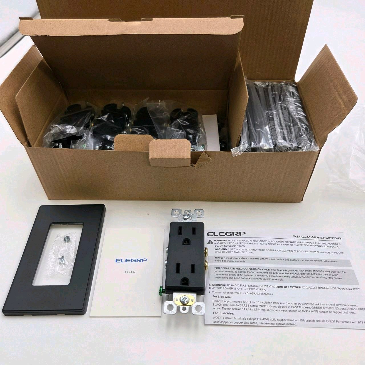Electrical Lot - LIDER Black Matte Finish Mid-Size 2 Gang Decorator Plus Screwless Snap-in Wall Plates - Box of 10 - LSWP-32M & ELEGRP 15amp outlet with black Matte face plate pack of 10