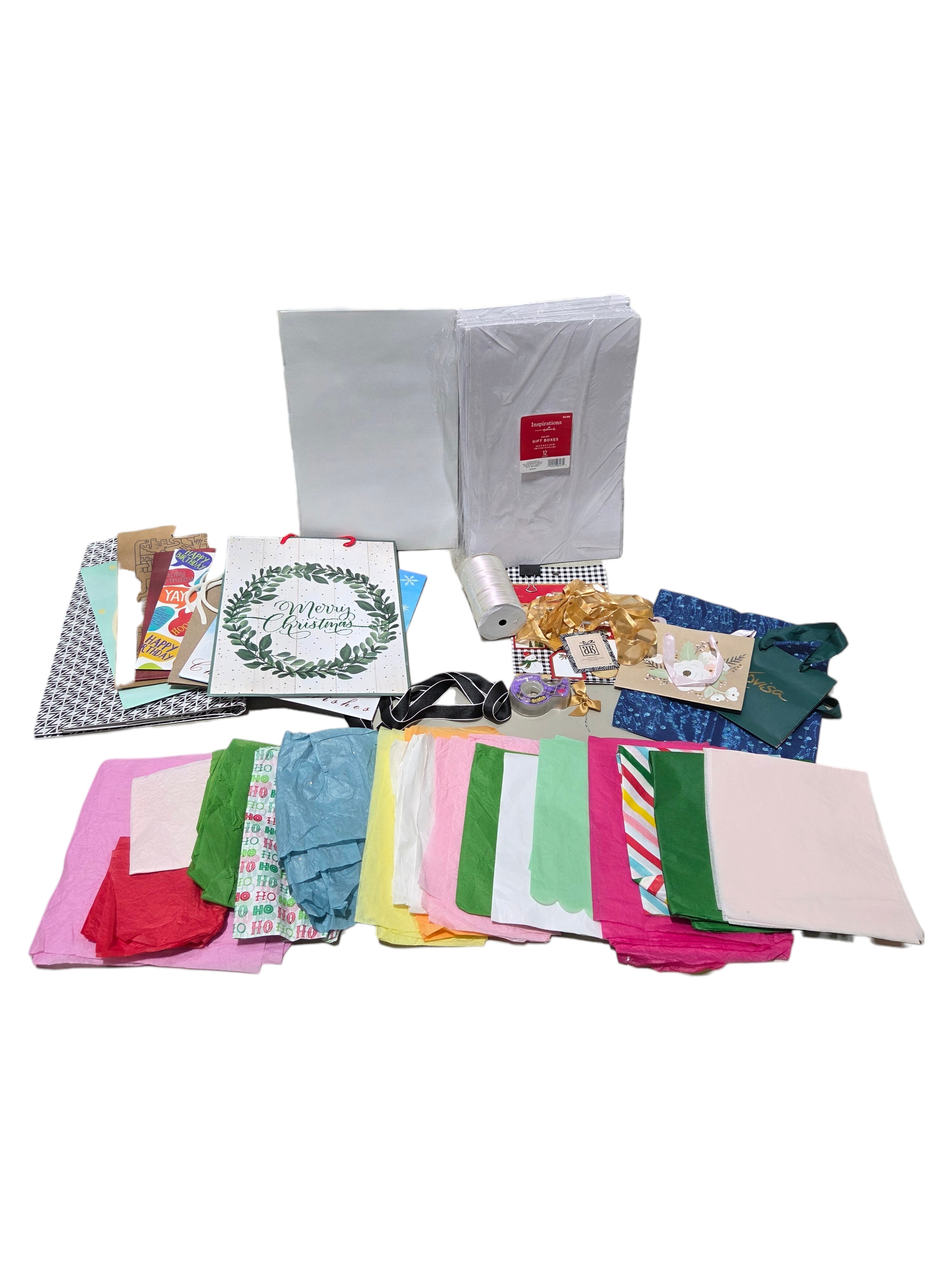 Gift Wrapping Supplies Lot - Tissue Paper, Gift Bags, Hallmark Shirt Boxes, Tags, Ribbon