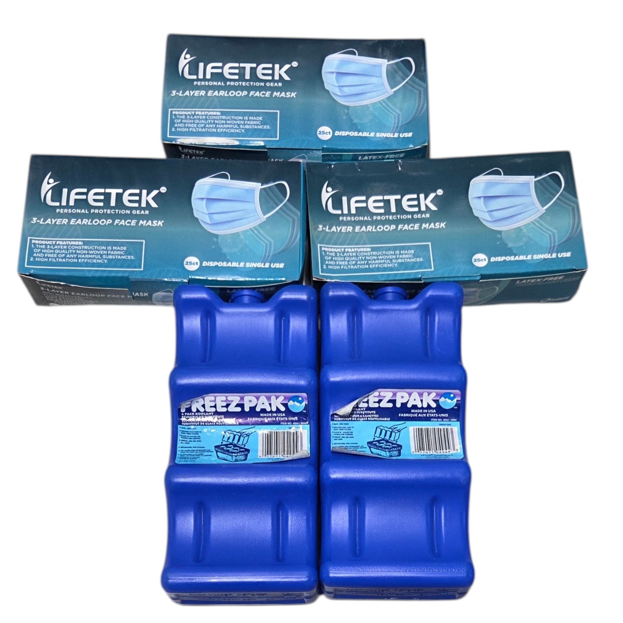 Lifetek 3-Layer Face Masks & Freez Pak Reusable Ice Packs