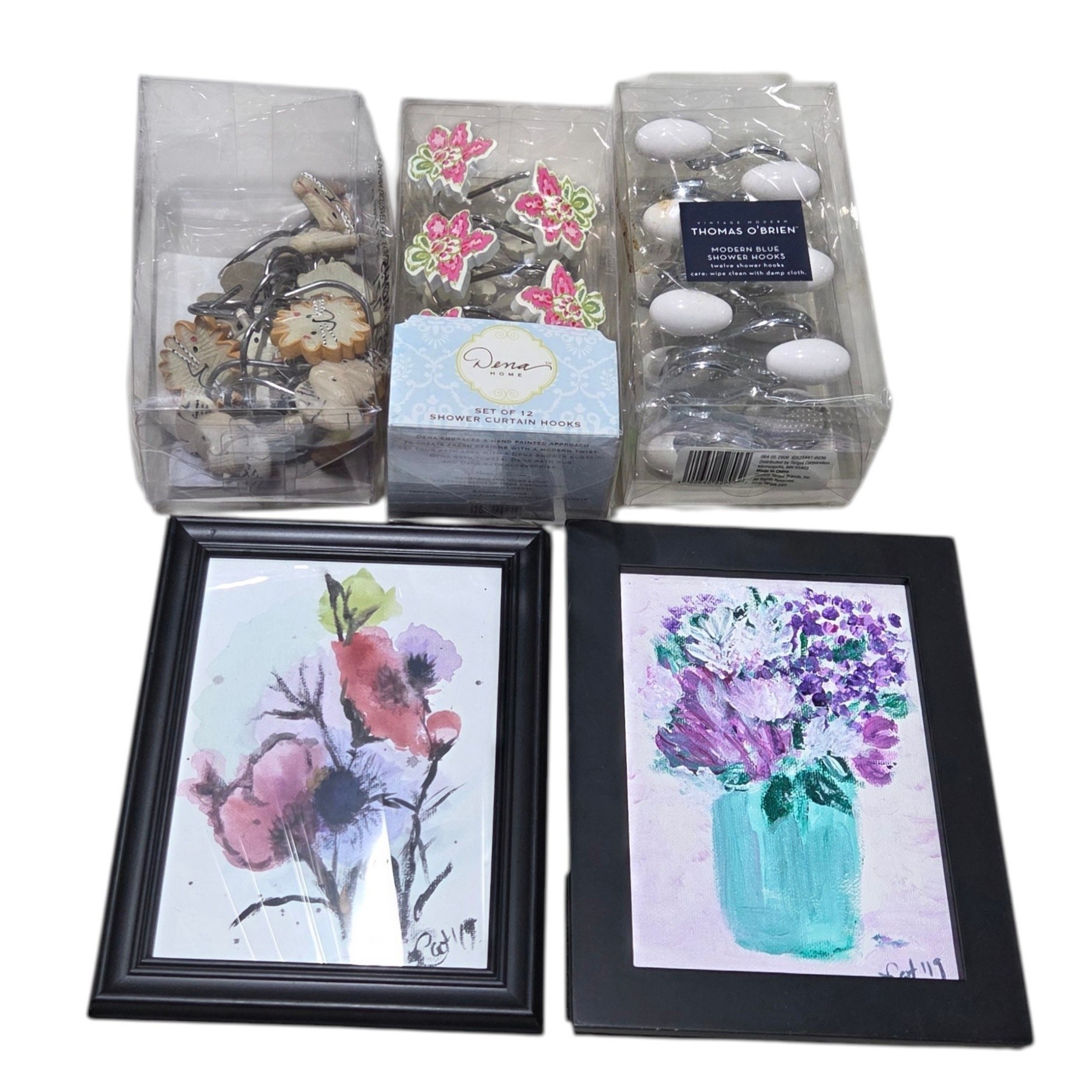 Floral Wall Art & Decorative Shower Curtain Hooks Lot