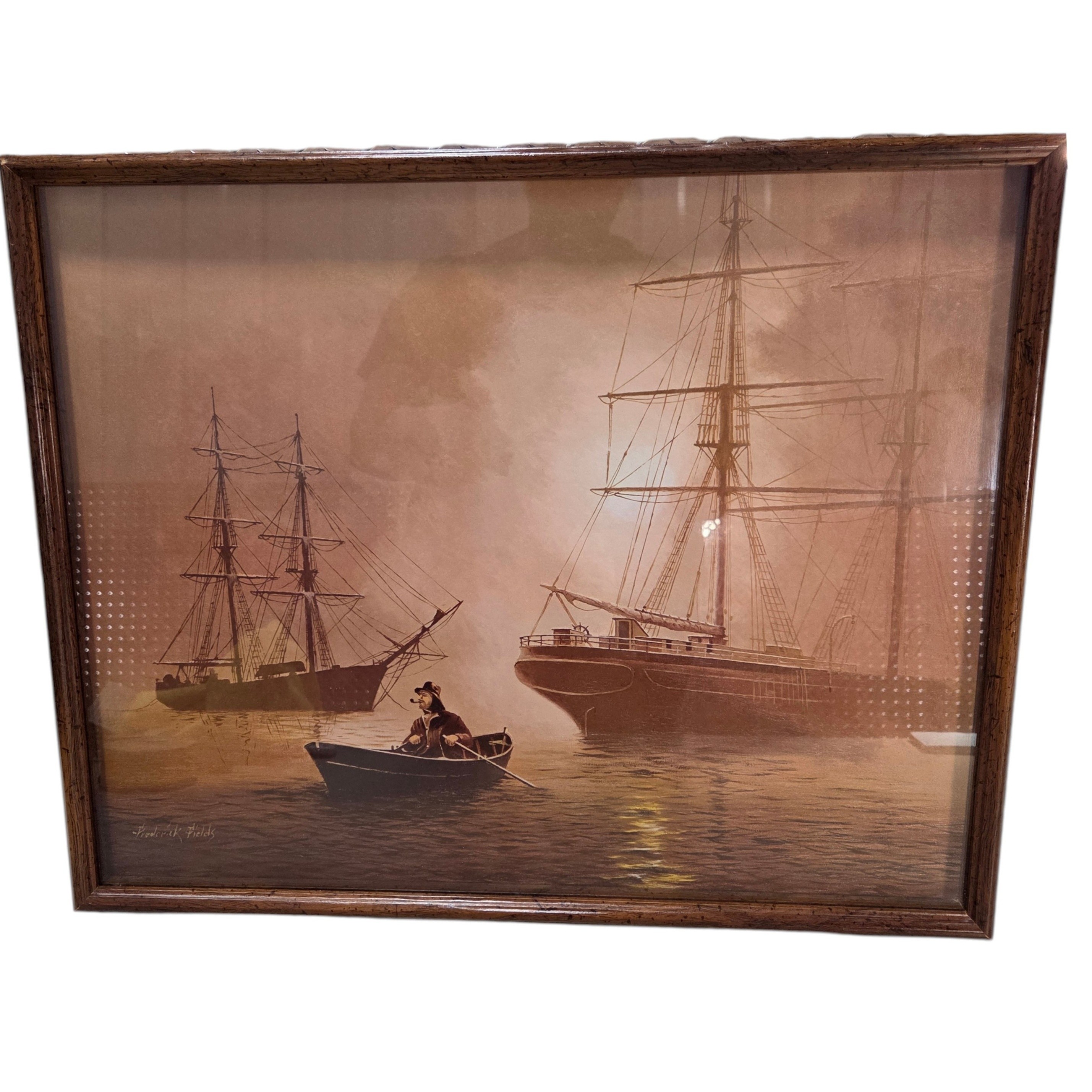 Framed Maritime Sailing Ship Print - Leonard K Fields Harbor Boat Scene Wall Art