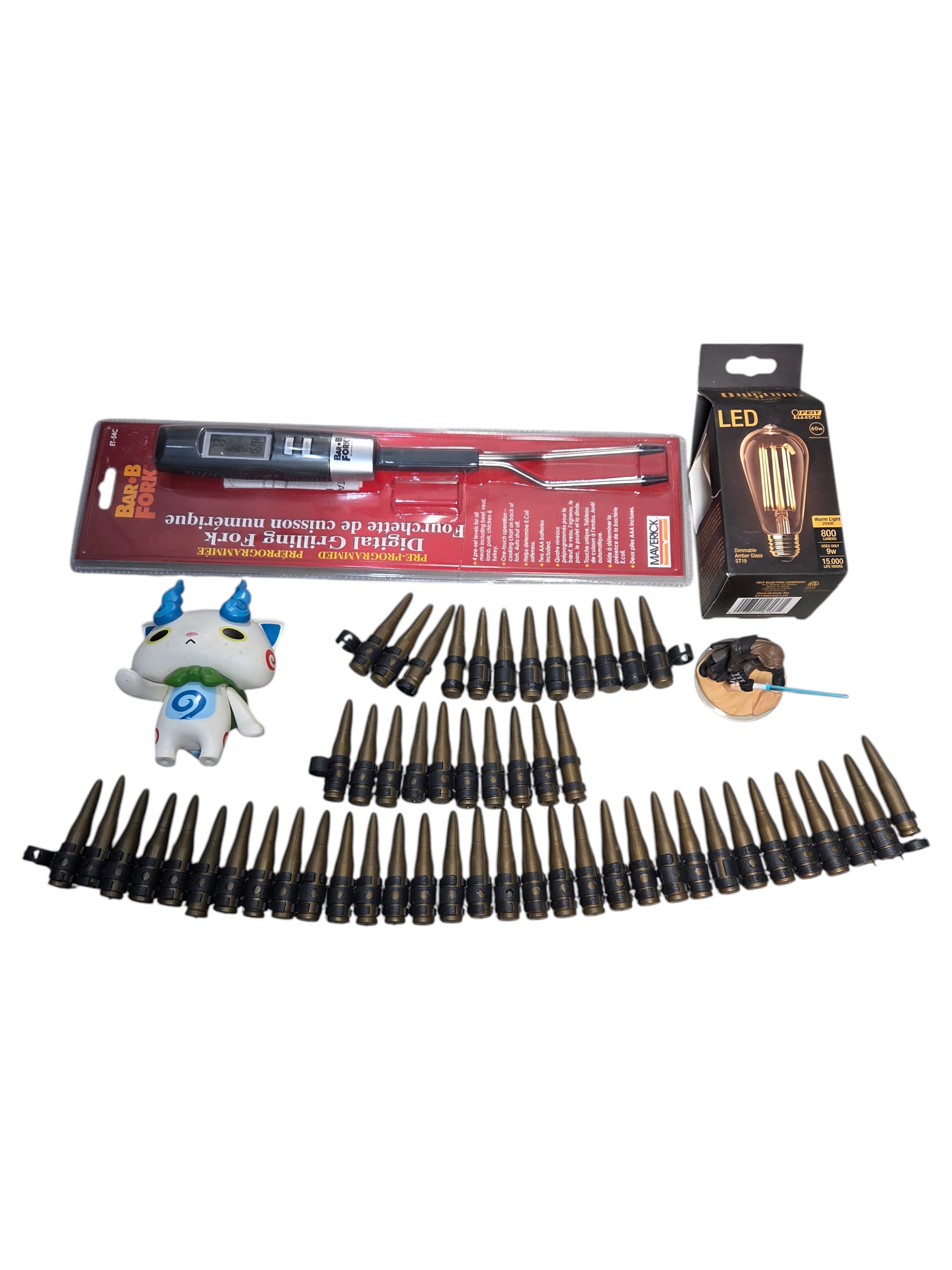 Mixed Novelty & Household Lot  Bar-B Fork Digital Grilling Fork, Feit LED Bulb, Toy Figures & Plastic Bullet Belts