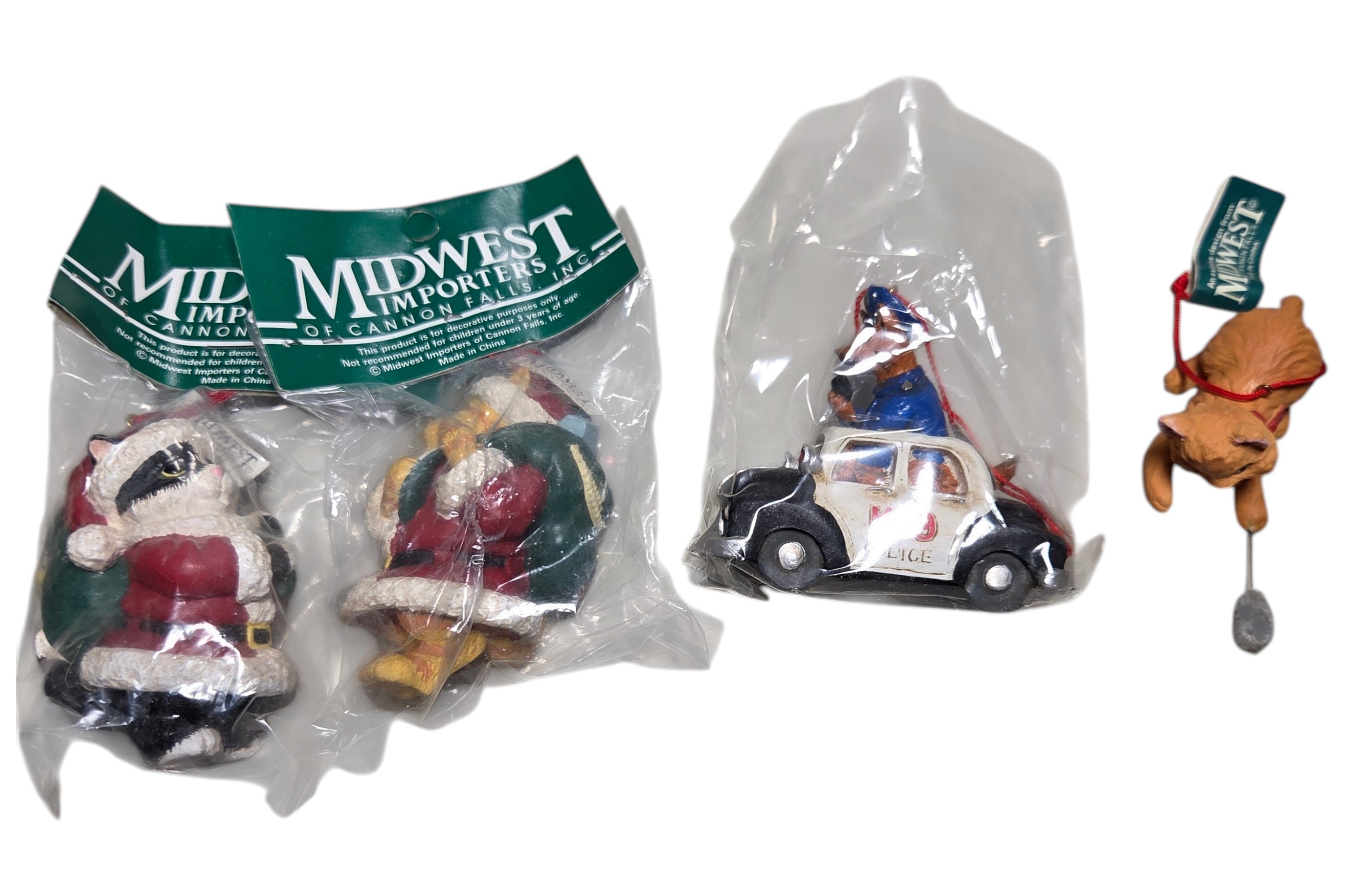 Midwest Importers Christmas Ornaments Lot  Santa CatDog, K-9 Police Car & Cat Ornament