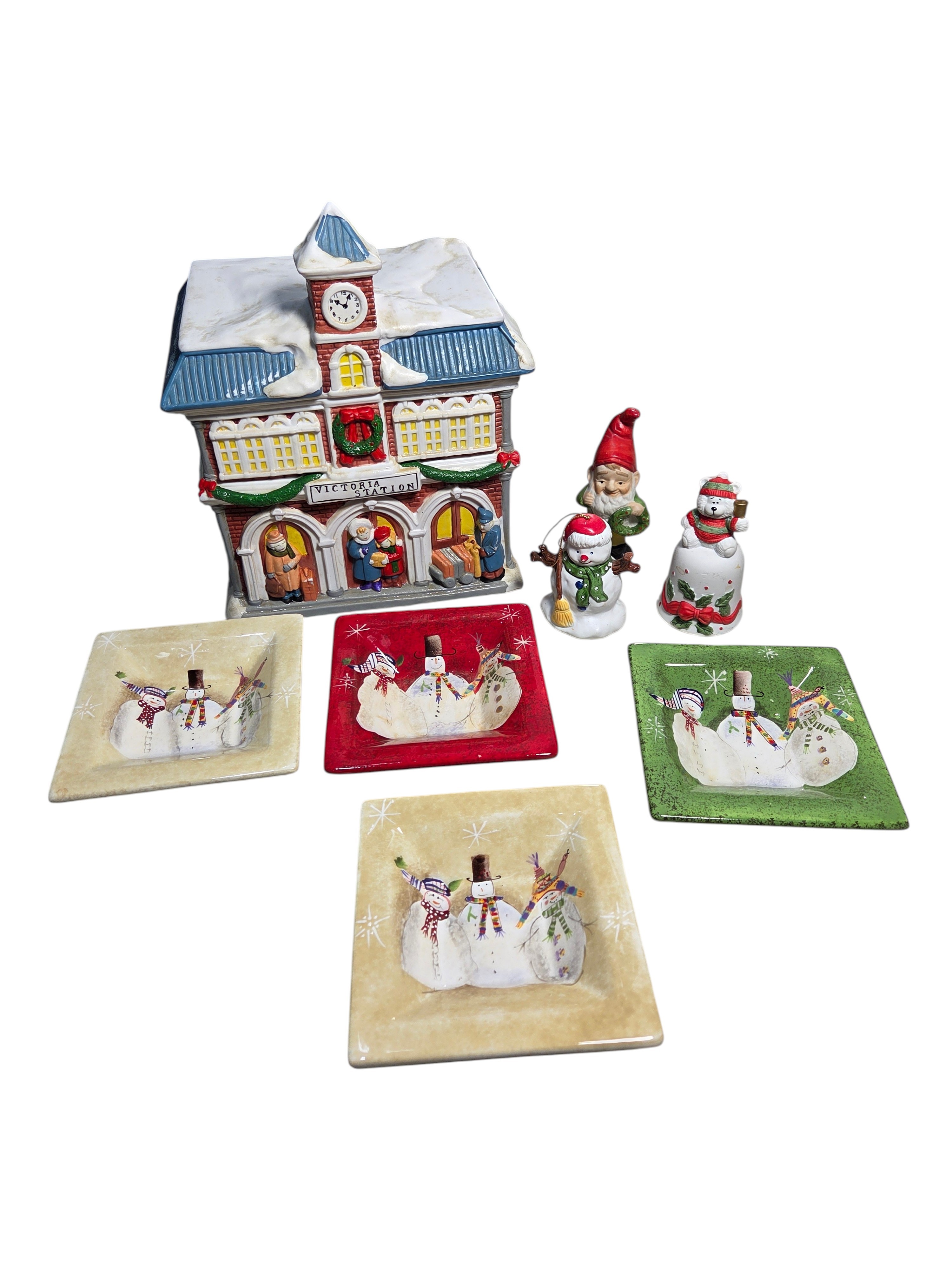 Winter Holiday Decor Snowman, Bell, Appetizer Plates & Porcelain Holiday DecorVictoria Station Holiday Ceramic Decor Lot