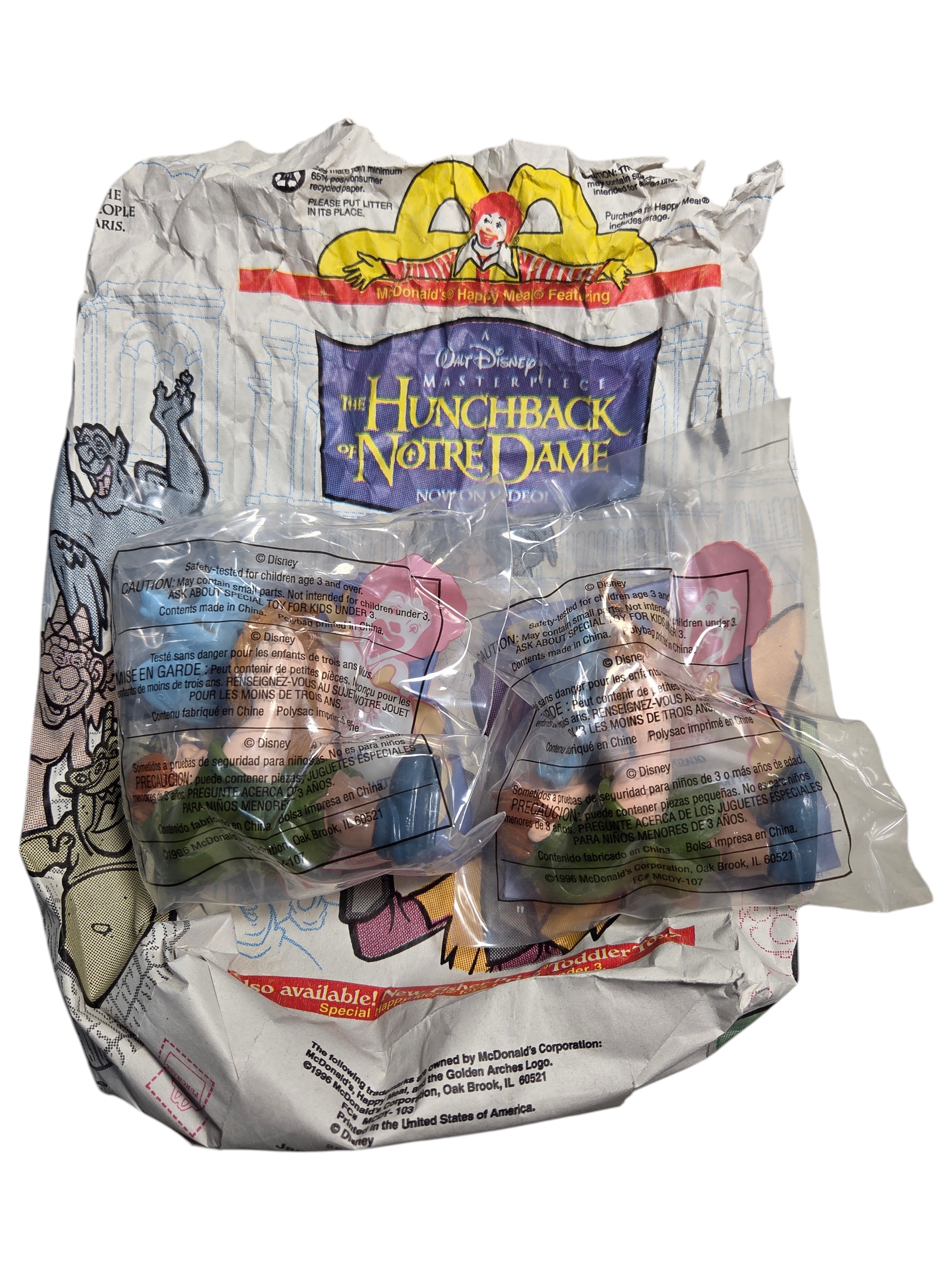 1996 McDonalds Disney Hunchback of Notre Dame Happy Meal Bag & Quasimodo Bird Catcher Toys
