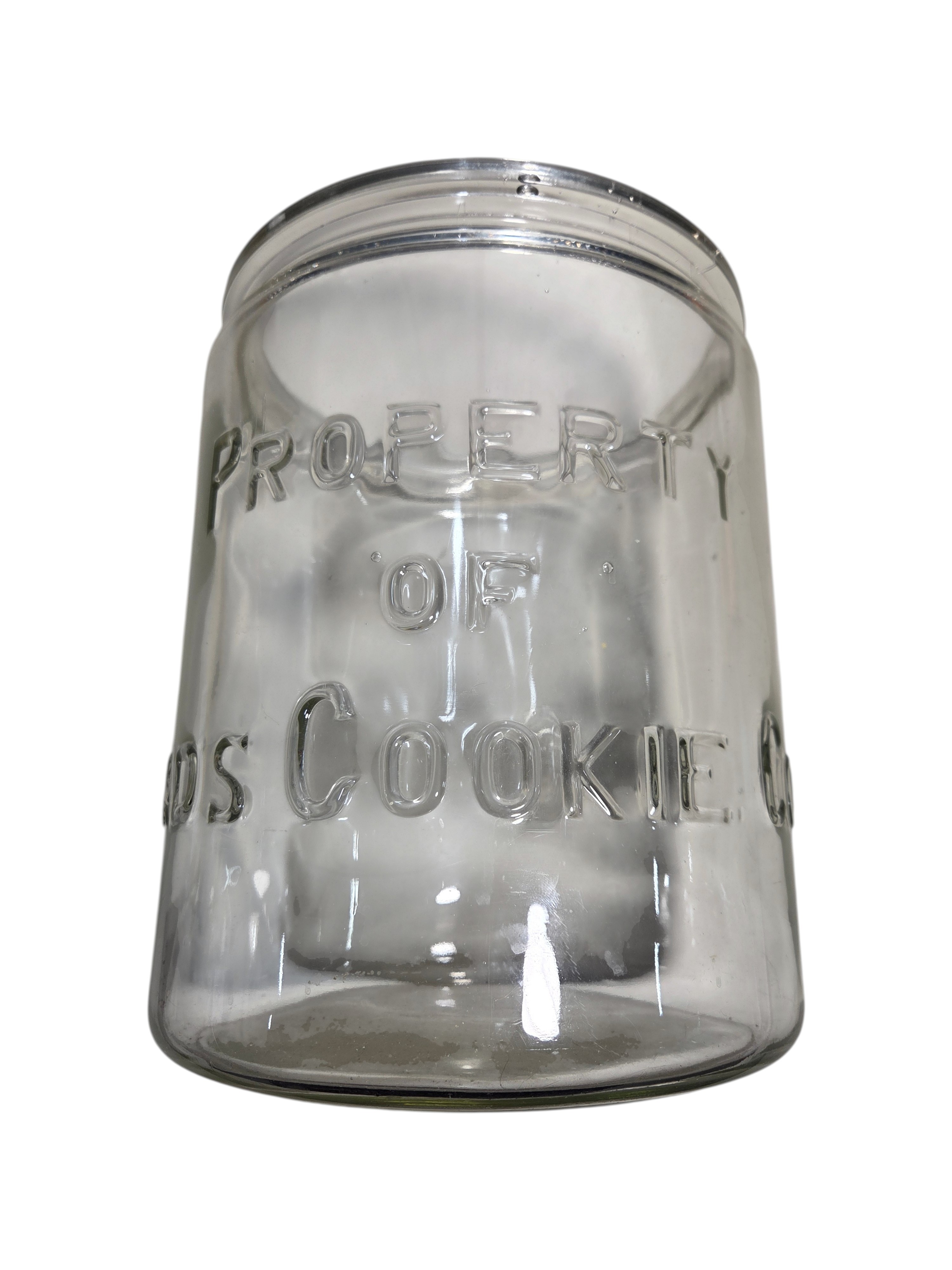 Large Glass Cookie Jar Property of Moms Cookie Co. Embossed Storage Jar