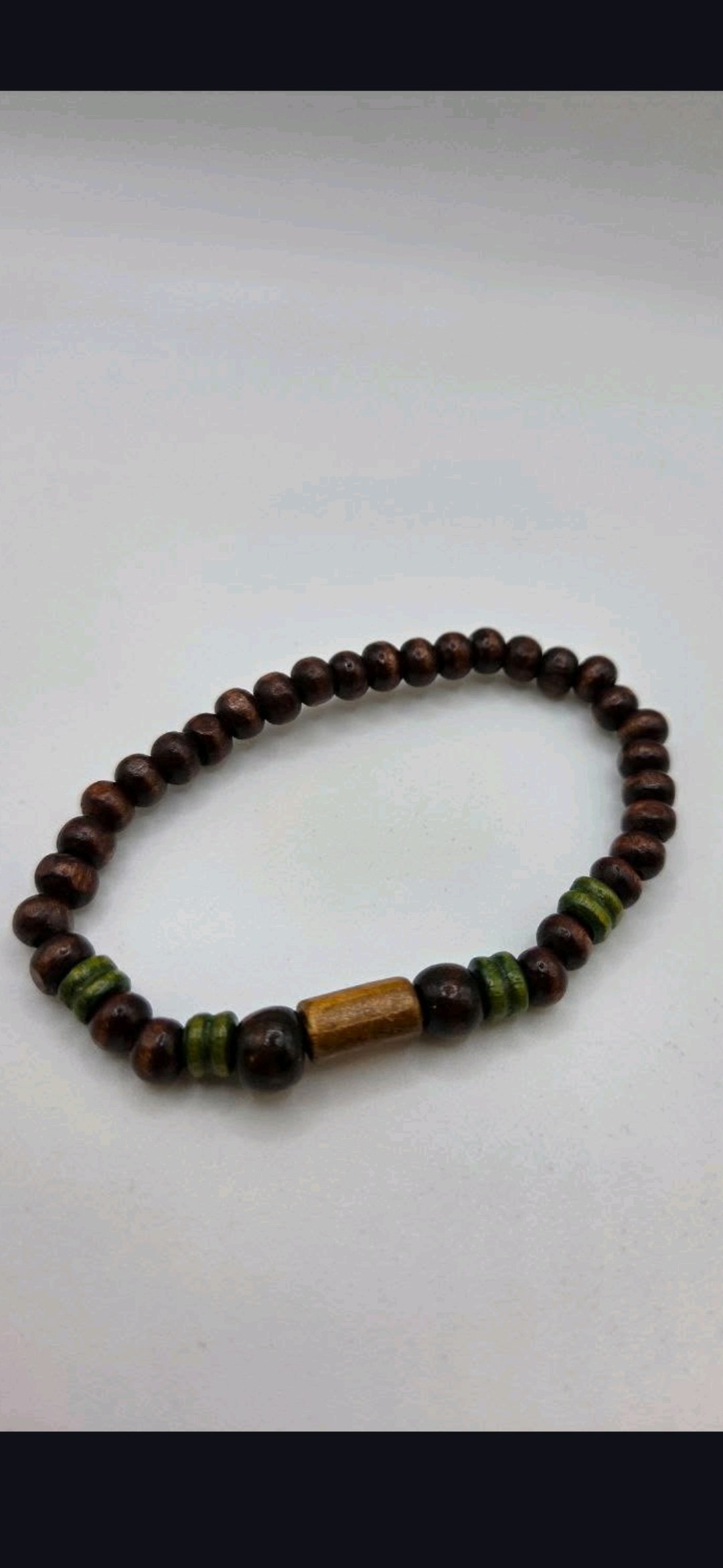 Handmade Wood Bead Stretch Bracelet  Brown & Green Beaded Jewelry
