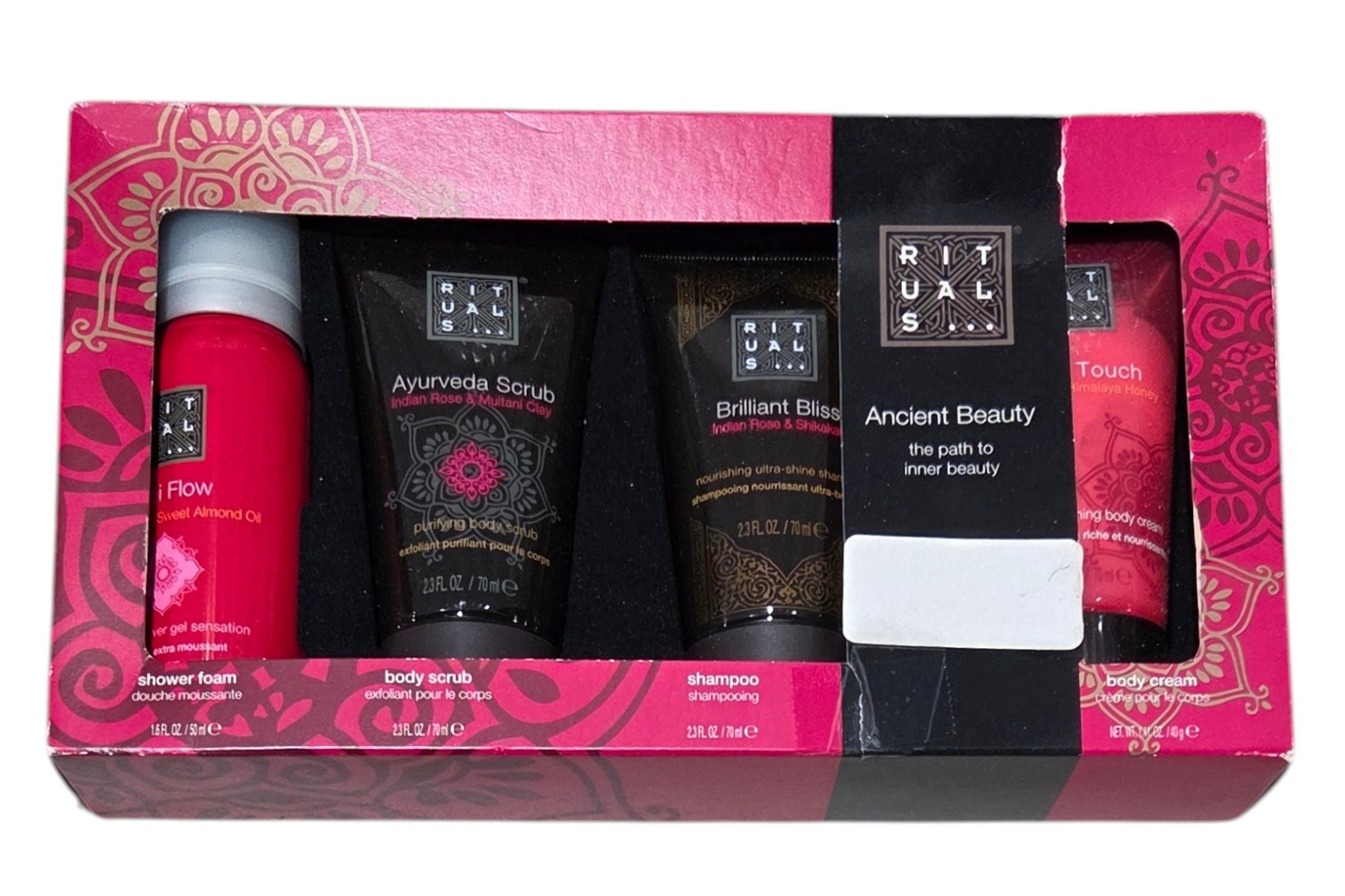 Rituals Ancient Beauty 4-Piece Travel Size Bath & Body Gift Set - Yogi Flow, Ayurveda Scrub, Shampoo, Body Cream