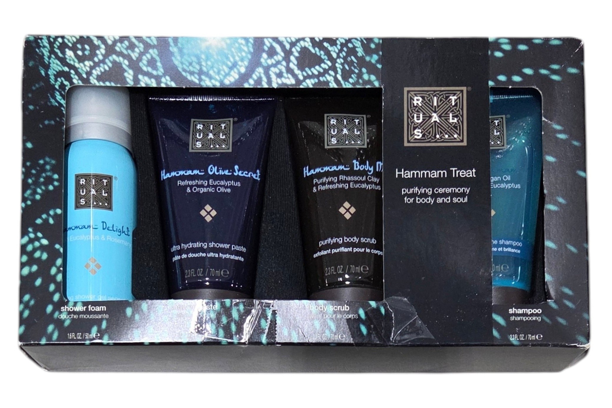 Rituals Hammam Treat 4-Piece Travel Size Bath & Body Gift Set - Shower Foam, Paste, Scrub, Shampoo