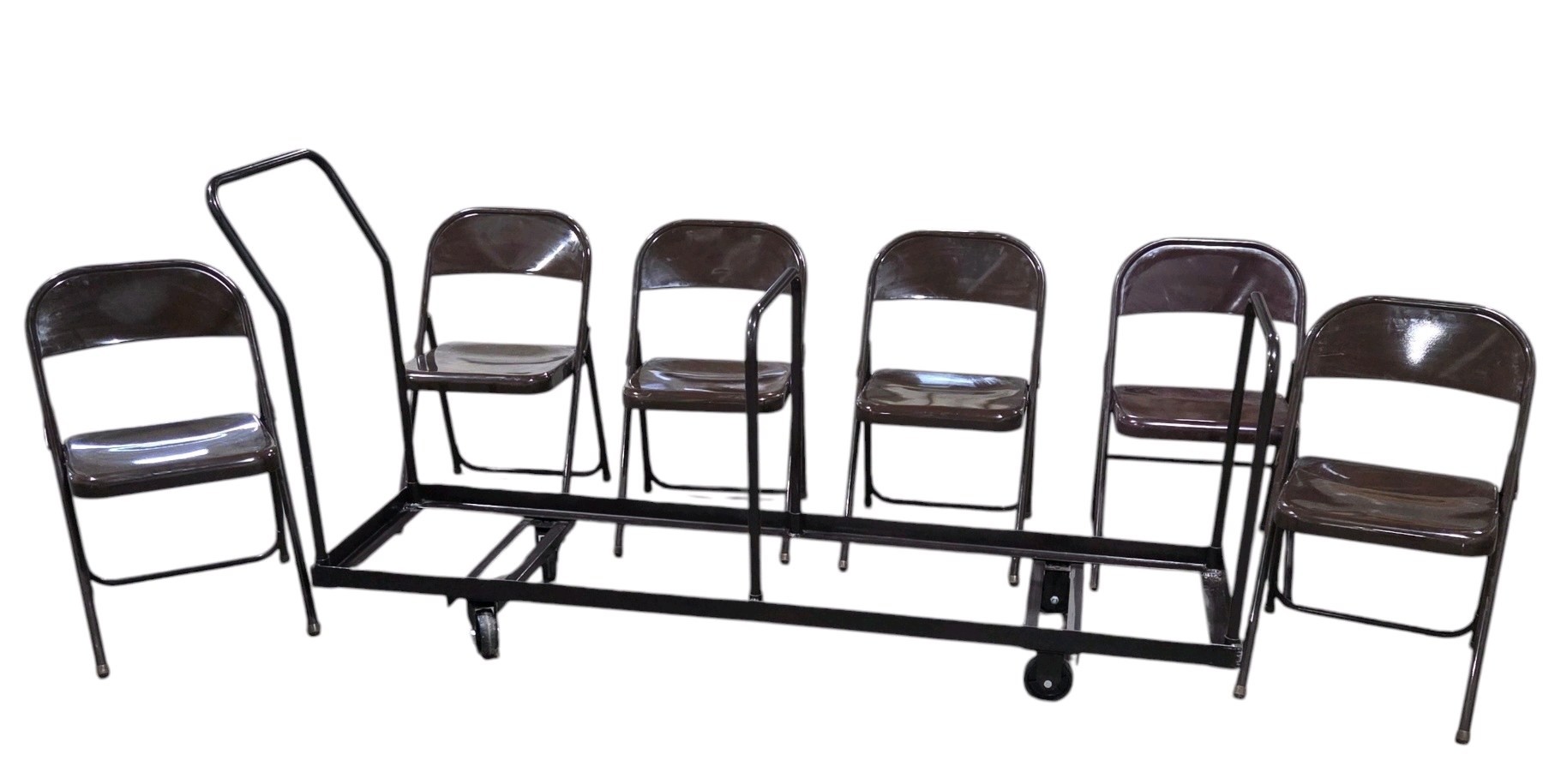 6 Brown Metal Folding Chairs With Rolling Storage Cart