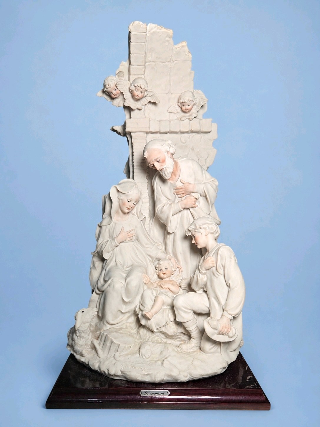 G. Armani Nativity Figurine Holy Family Angels on Wood Base  Florence Italy