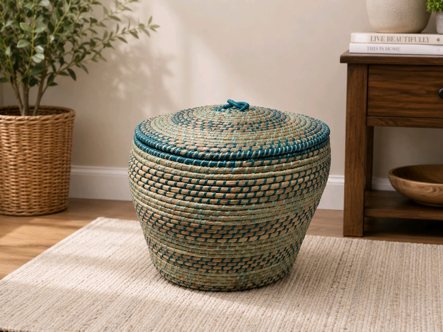 Lidded Wicker Basket - Woven Storage Basket with Blue Accents