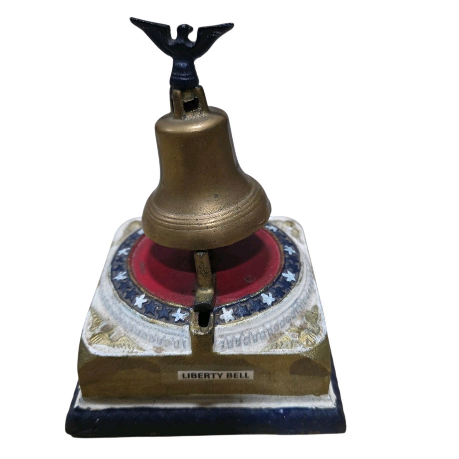 Vintage Taiwan Liberty Bell Souvenir Desk Bell  Painted Cast Metal Base, Brass-Tone Bell, Eagle Top, Needs Bottom Screw
