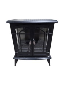 Black Electric Fireplace Stove Heater with Faux Logs, Glass Doors & Flame Effect - Working